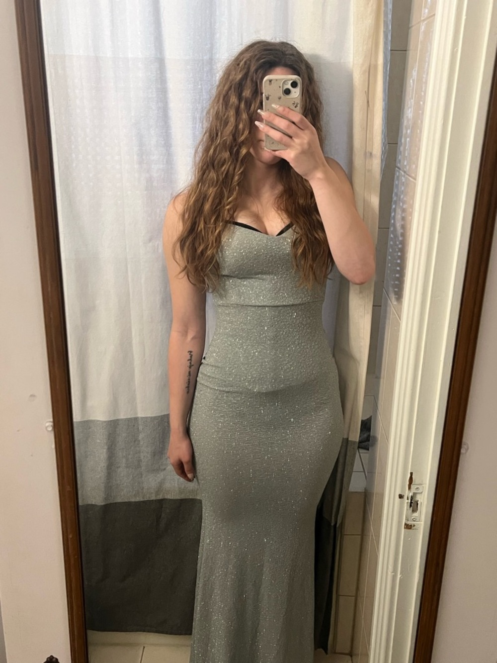 Windsor Silver Sequin Strapless Prom Dress